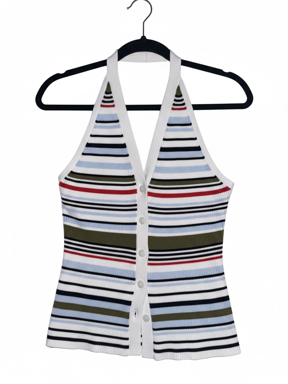 Abercrombie & Fitch Striped Halter Button-Front Top in White, Olive & Red